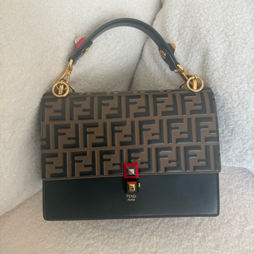 Fendi Black & Brown Zucca Leather Medium Kan I 2 Way Shoulder/Hand Bag